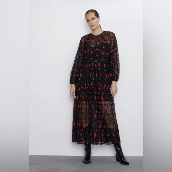 Zara Dresses & Skirts - Zara Black and Red Floral Long Sleeve Dress